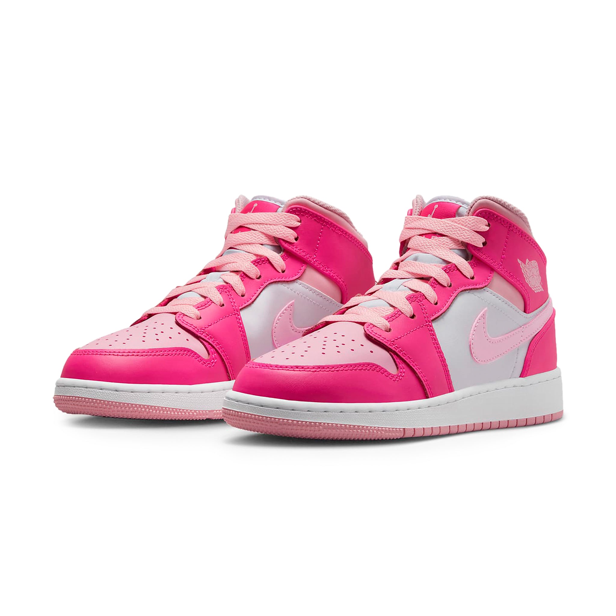 Front side view of Air Jordan 1 Mid Fierce Pink (GS) FD8780-116